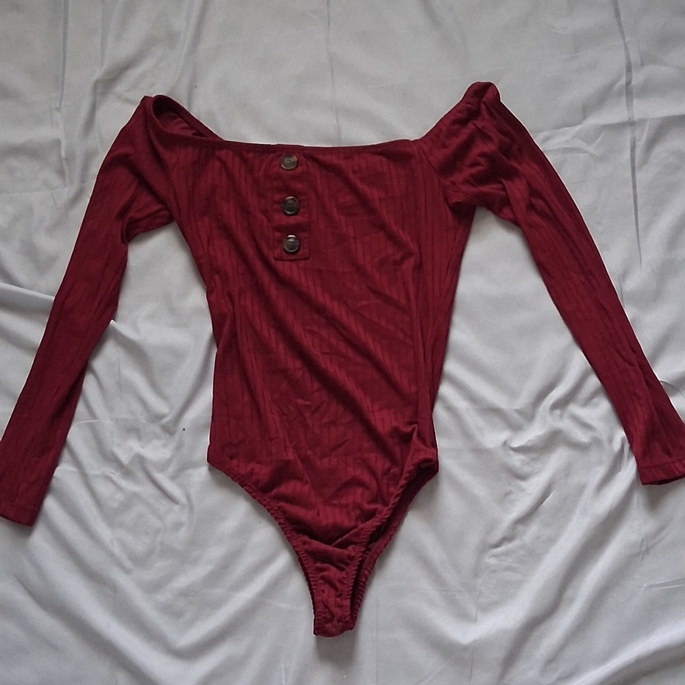 Polly & Esther Ribbed Button-Front Long Sleeve Bodysuit (Wine, M)